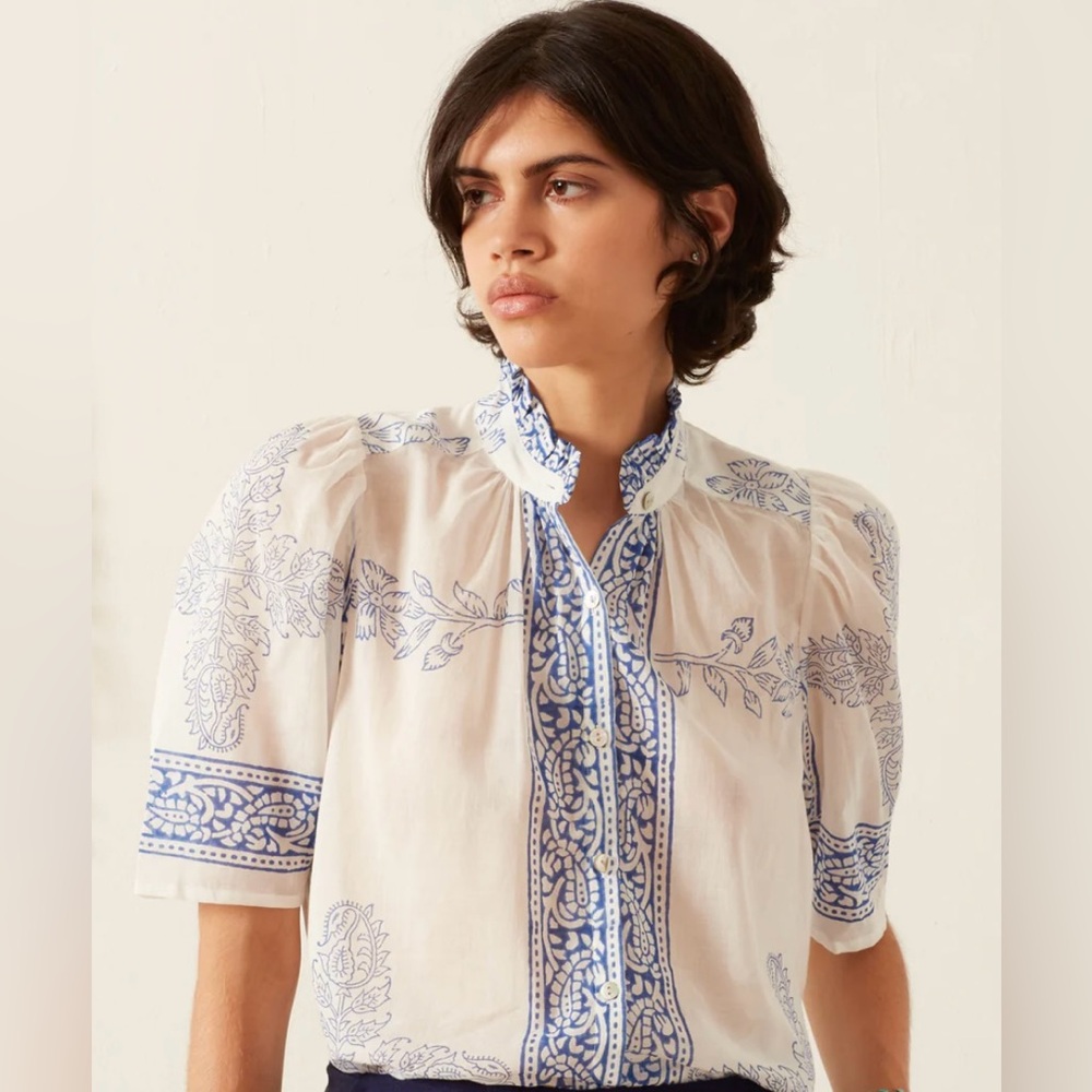 Alix of Bohemia White Cotton Blouse with Blue Floral Trim - Picture 4 of 8